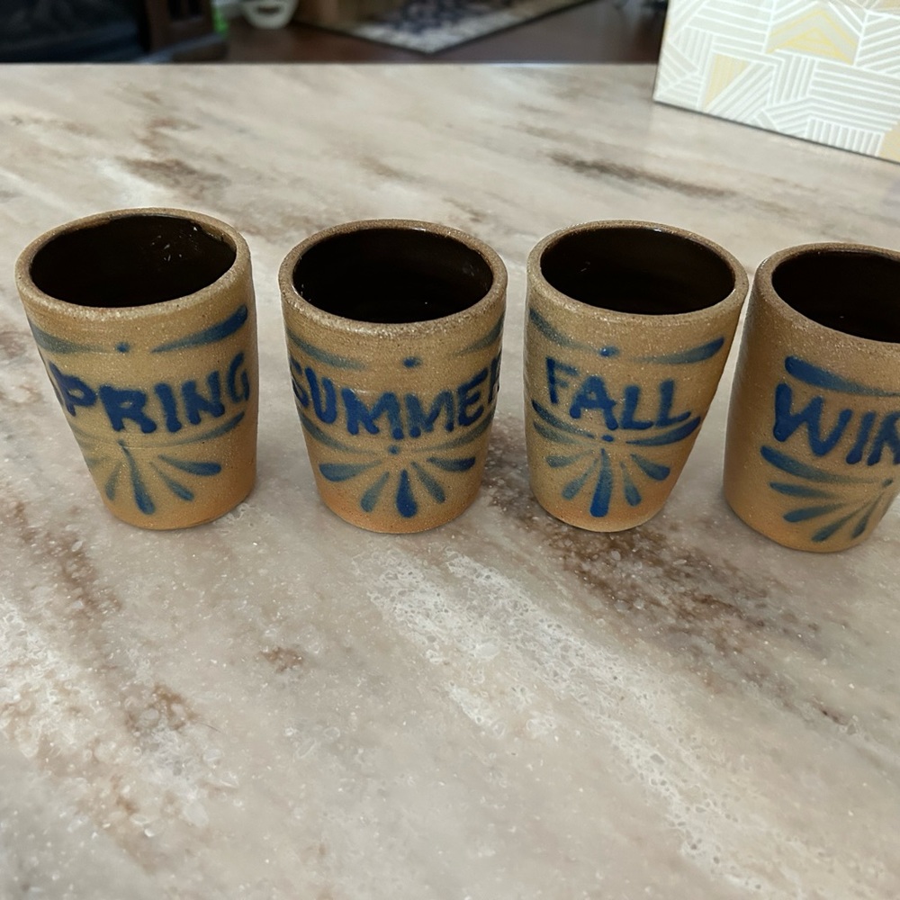 farmhouse, style cups tannish / blue print. Winter spring summer and fall.